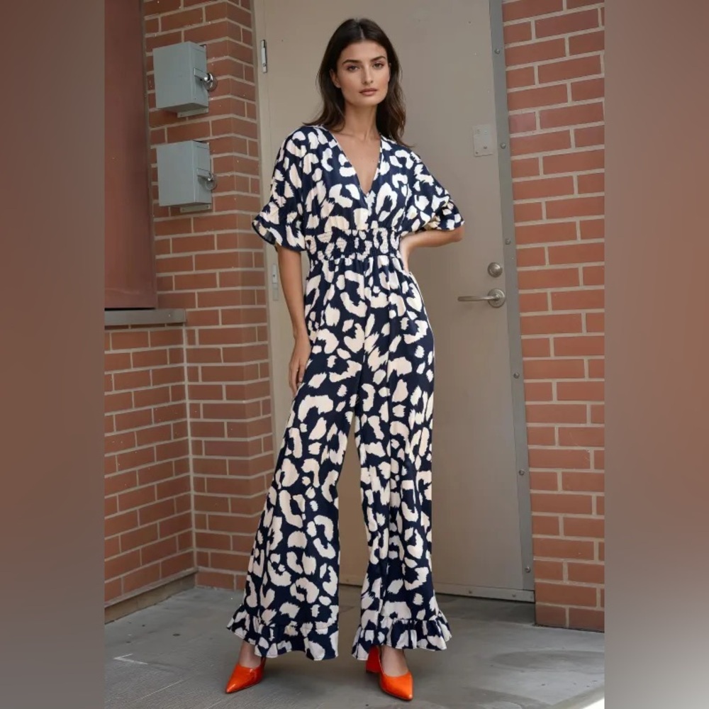 Leopard Cinched Navy and Cream Jumpsuit Kate Hewko NWT one size